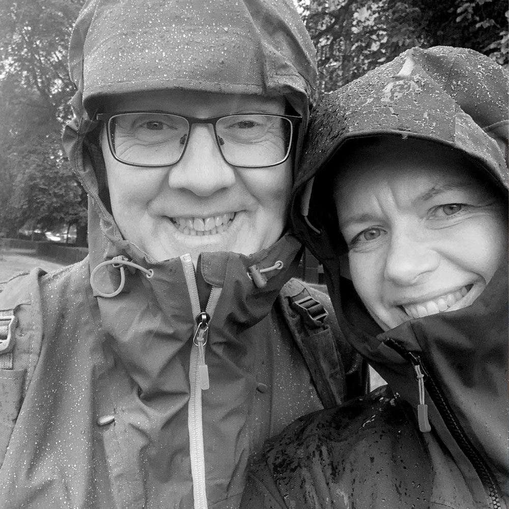 Noel and Helen outdoors in the rain Noel and Helen outdoors in the rain